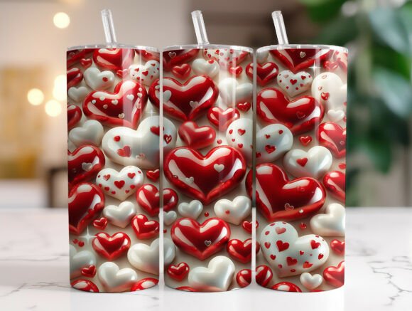 3D Red White Hearts 20oz Tumbler Wrap