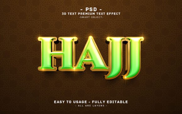 3D Text Effect of HAJJ in Gold: Elevating Islamic Design with Modern Digital Tools