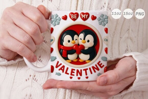 3D Valentine Penguin Couple Mug Wrap PNG