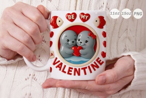 3D Valentine Seal Couple Mug Wrap PNG