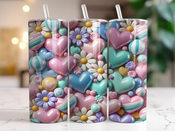 Cute 3D Pastel Hearts 20oz Tumbler Wrap