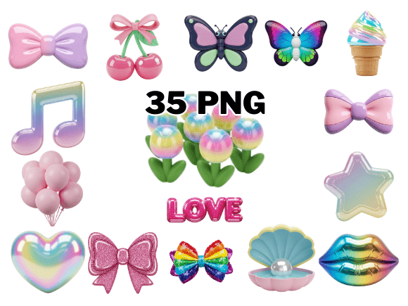 Kawaii Pastel 3D Glossy Icons PNG Set: A Creative Toolkit for Modern Design